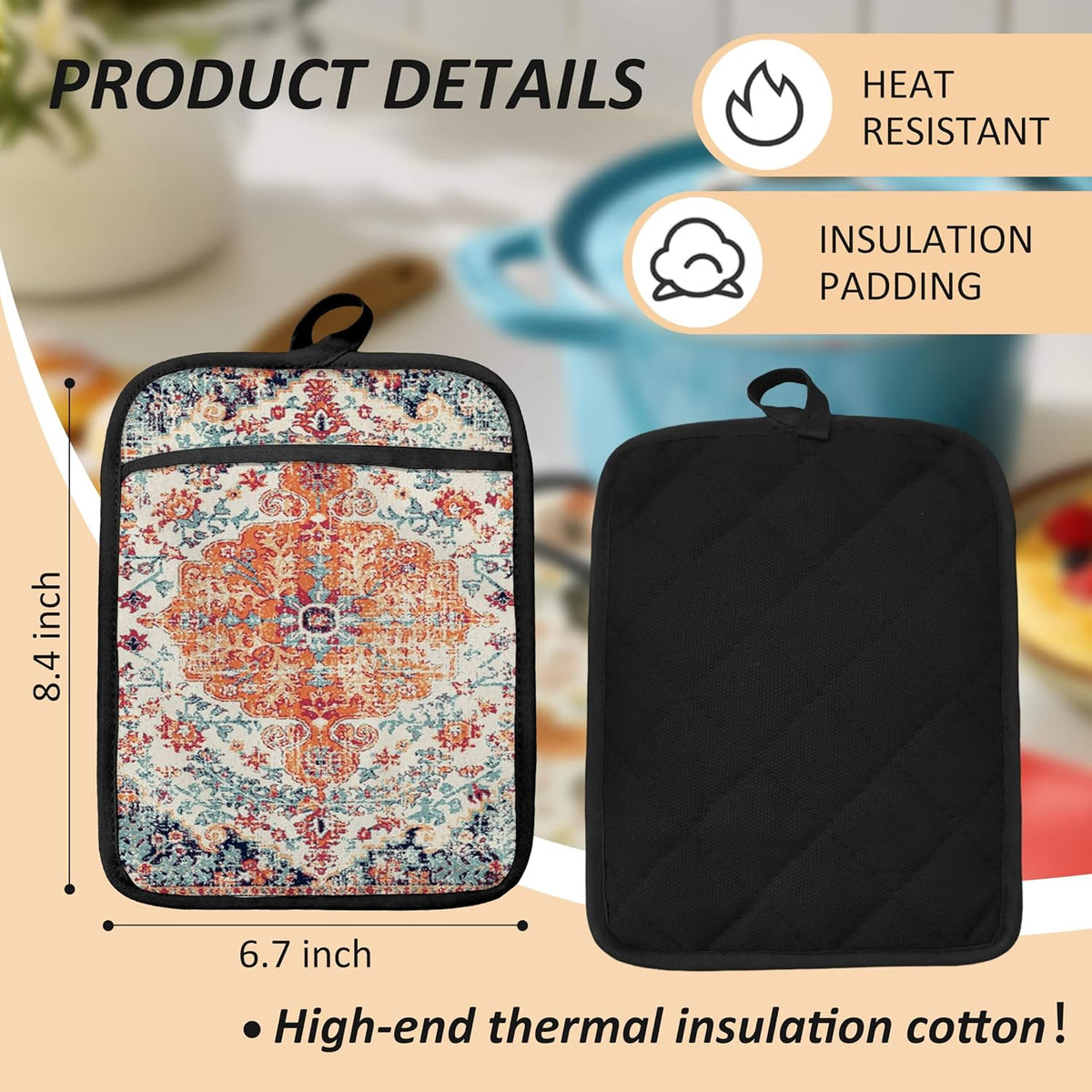 Rustic Vintage Boho Pot Holders for Kitchen, Abstract Orange Blue Boho Ethnic Floral Botanical Heat Resistant Hot Pads and Oven Mitts for Baking Cooking