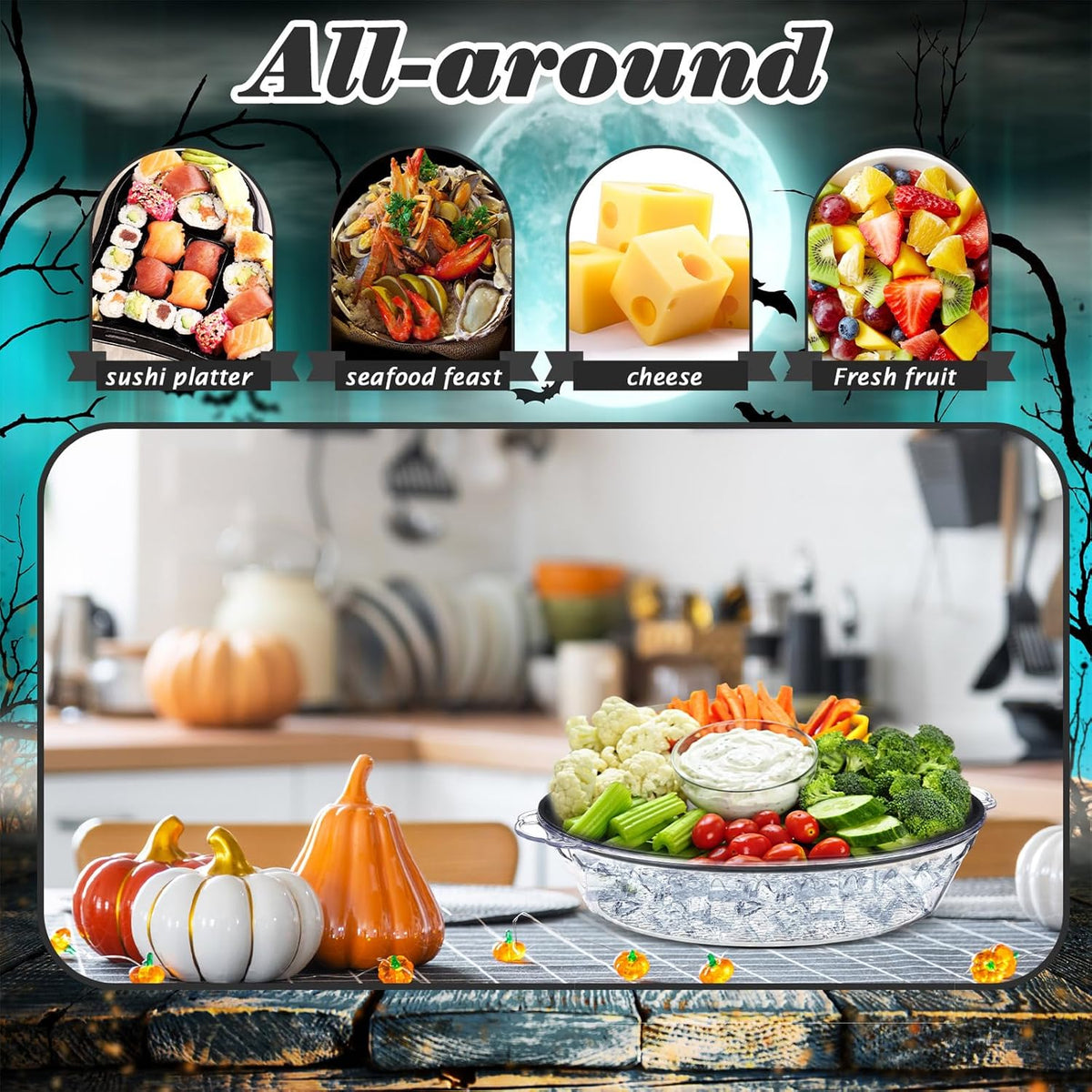 Baderke 1 Set 11.8" Chilled Serving Tray for Parties with Compartments Ice Chilled Party Platter Charcuterie Serving Board Cold Dish Dip for Fruit Seafood Vegetable Shrimp Cocktail (Black)