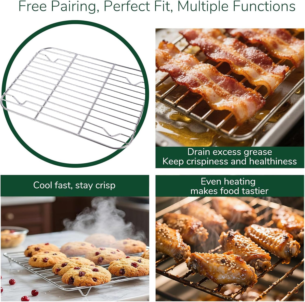 18/0 Stainless Steel Baking Sheet with Cooling Rack, Oven-Safe Non-Toxic Cookie Sheets for Baking, Set of 6, Coating Free & Rust Resistant for Healthy Family Baking, Easy to Clean, Heavy-Duty