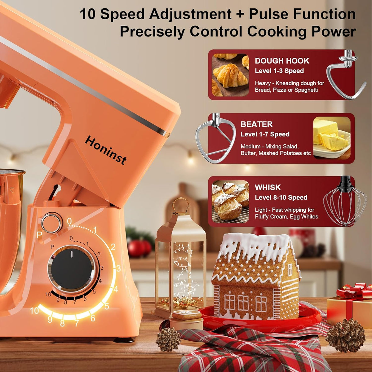 10-Speed Stand Mixer with 8-in-1 Splash Guard, Tilt-Head, 6QT Stainless Steel Bowl+Dishwasher-Safe Dough Hook/Whisk/Beater/Spatula for Baking Bread, Cakes, Cookies, Orange