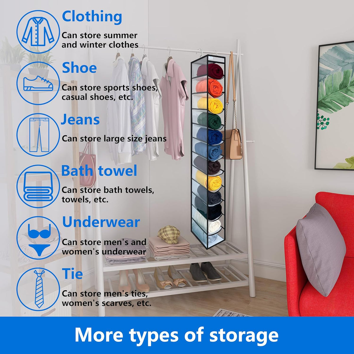 Closet Organization,12 Section, Hanging Closet Organizer, Space Saving, College Dorm Essentials for Girls,Heavy dutys Hooks Up to 45 Pounds,Clothes Storage,Closet Organizer,White/Black