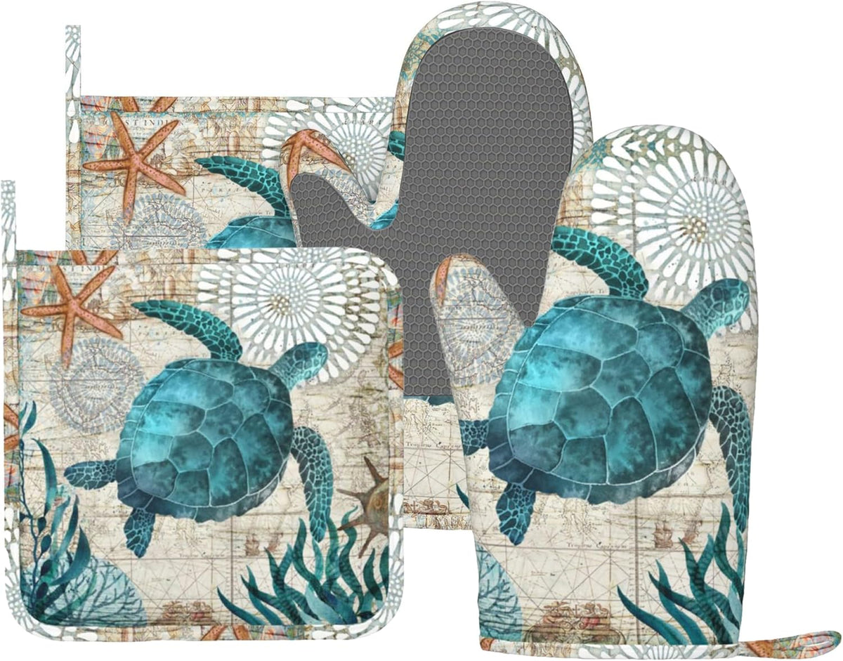 Sea Turtle Ocean Animal Landscape Oven Mitts and Pot Holders Sets Silicone Sea Turtle Kitchen Mitts Potholders Heat Resistant 4Pcs Oven Gloves Hot Pads for Kitchen Grilling