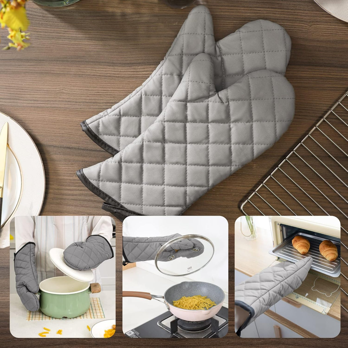 ARCLIBER Oven Mitts 2 Pairs of Quilted Terry Cloth Cotton Lining,Extra Long Professional Heat Resistant Kitchen Oven Gloves,16 Inch,Gray