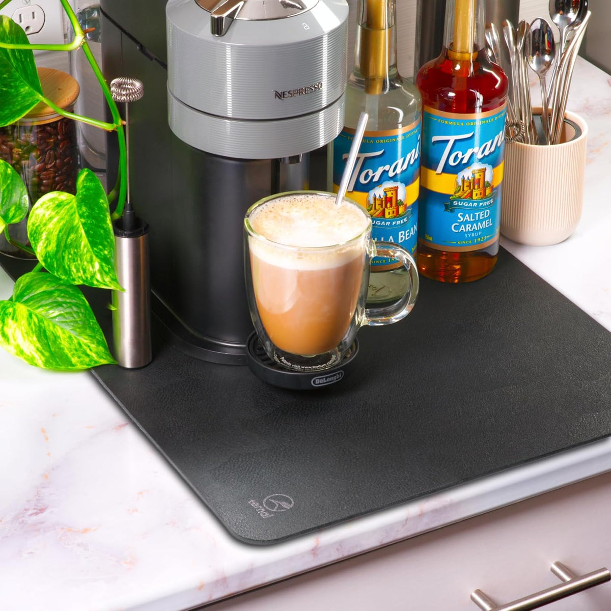 Ternal Coffee Bar & Dish Drying Mat | Rubber-Backed, Anti-Slip Absorbent Mat for Kitchen Counter | Fits Under Coffee Maker, Machine, or Dish Rack | Large Size 24"x16"
