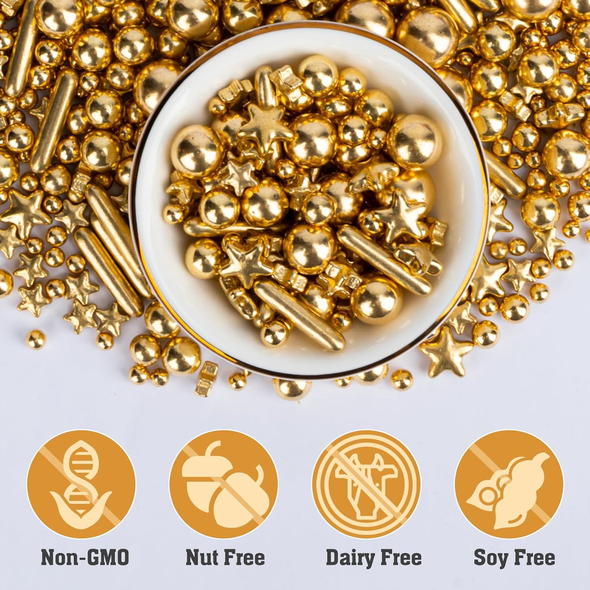 Twisweet Gold Pearl Star Rods Sprinkles for Cake Decorating, Edible Sugar Pearls for Baking, Mix Size Cake Topper Ice Cream Cupcake Cookie Dessert Decorations, Wedding Valentines Birthday Christmas Easter Mother's Day Supplies (130g/4.58oz)