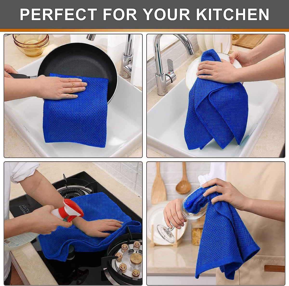 Kitinjoy 100% Cotton Waffle Weave Kitchen Towels, 6-Pack Super Soft and Absorbent Dish Towels for Drying Dishes, Kitchen Hand Towels, 13 in x 28 in, Blueberry