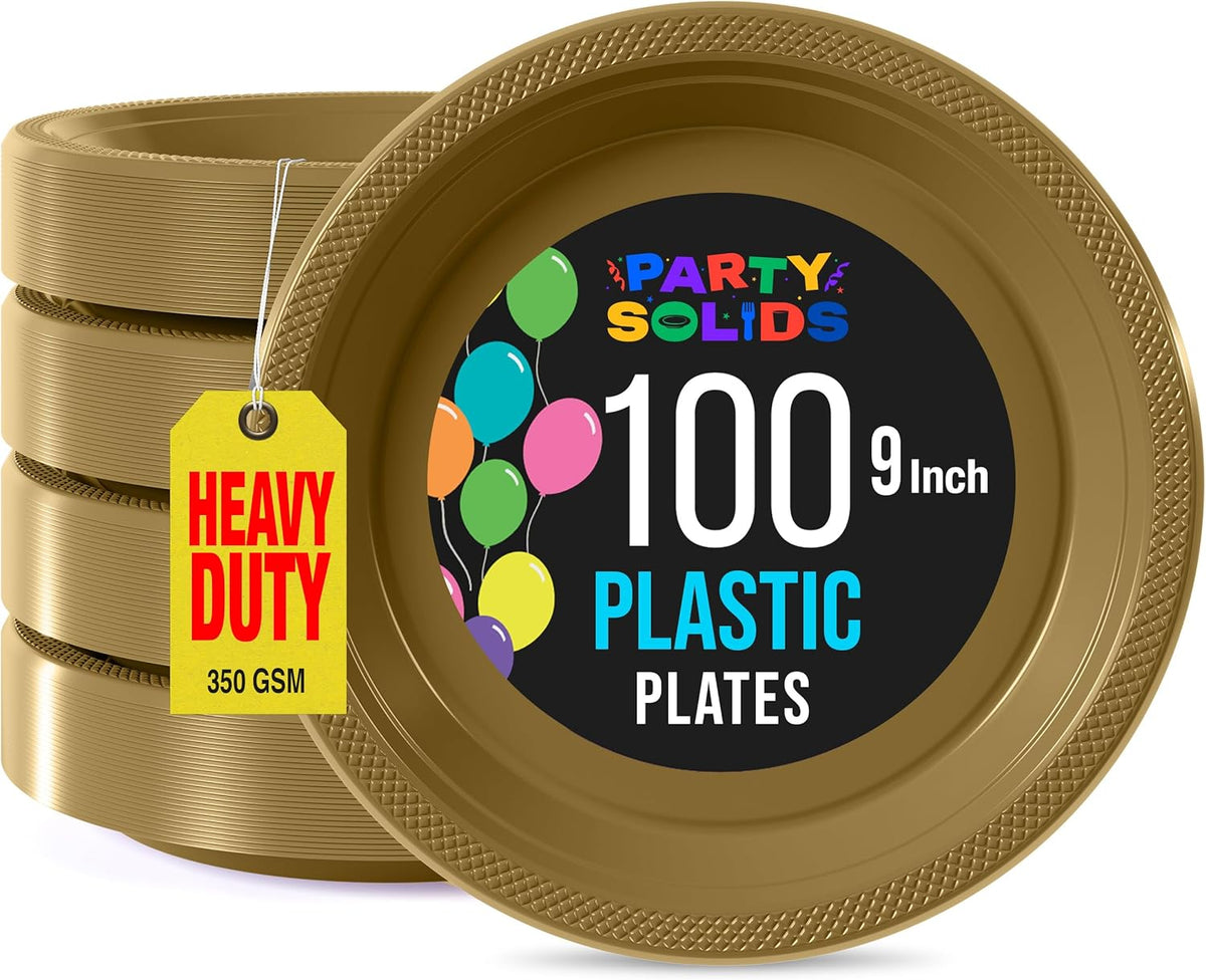 Exquisite Party Solids Gold Plastic Plates For Party 9" Gold Disposable Plates Heavy Duty Supplies 100 Pcs Plastic Dinnerware Sets Heavy Duty 350 GSM Disposable Dinnerware Set