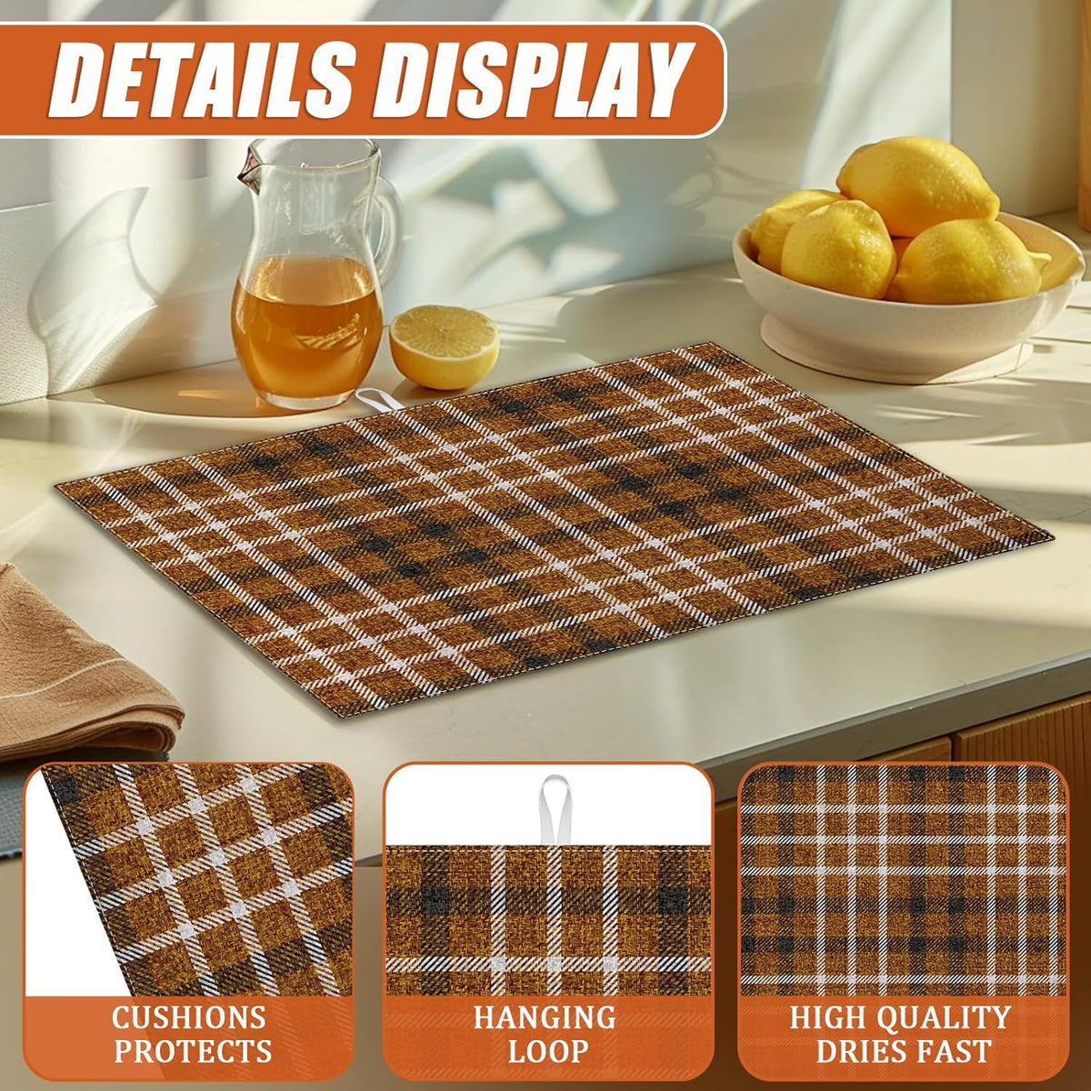 Brown Plaid Dish Drying Mat for Kitchen Counter Microfiber Absorbent Dish Kitchen Drying Mat Draining Reusable Washable for Dishes/Utensils/Counterto
