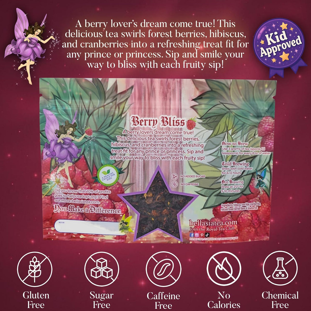Bellasia Tea Berry Bliss for Kids Using Real Fruit Pieces - Caffeine Free Herbal Tea Blend with Real Ingredients & Balanced Flavor- Add Loose Leaf Tea to Your Child’s Routine for A Fun & Tasty Drink. 20-25 cups