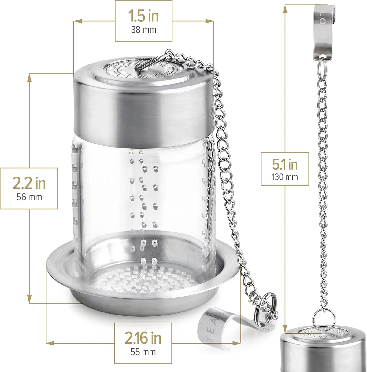 Teabloom Puresteep Glass Tea Infuser with Lid & Drip Tray – Borosilicate Glass Loose Leaf Steeper with Stainless Steel Chain – Non-Toxic – Small or Large Size