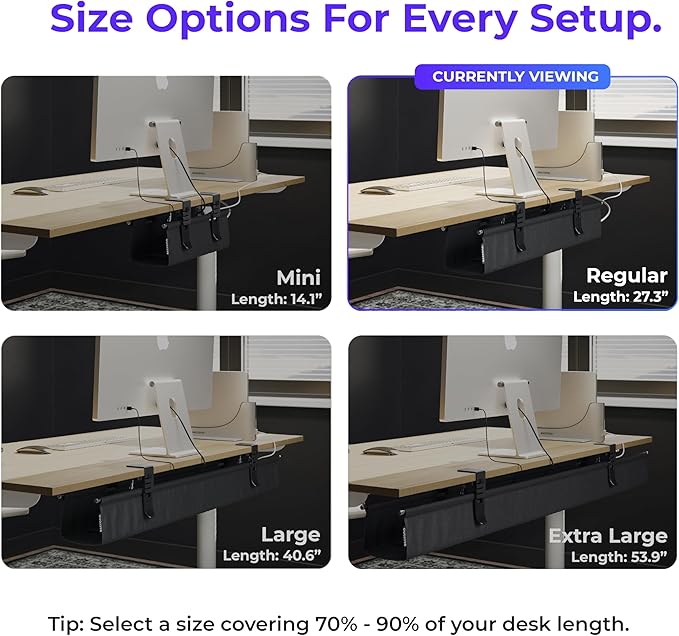 Ascrono Original No Drill Under Desk Cable Management Tray 27.3" - Premium Black Fabric Cable Management Under Desk - Clamp/Screw Mount Cord Organizer - Supports Upto 66lbs