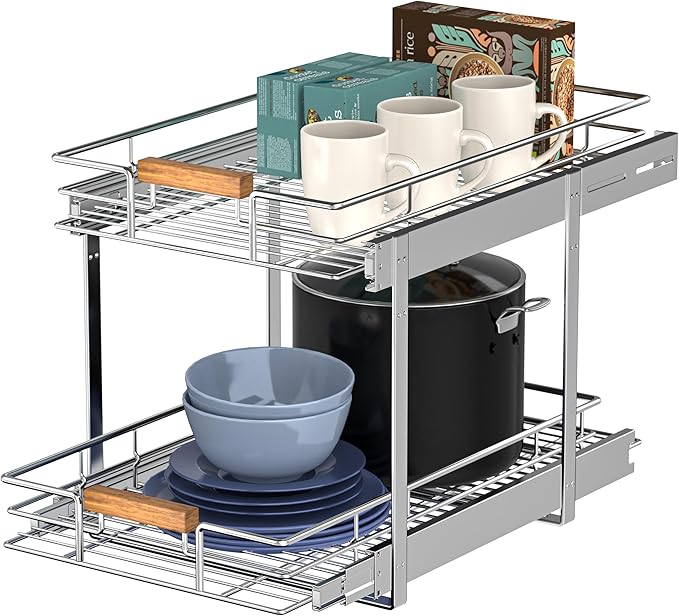 Pull Out Cabinet Organizer(11" W x 21" D), 2 Tier Wire Basket Slide Out Shelf Storage with Wood Handle, Pull Shelf Drawers for 12-1/4” Cabinet Opening, Chrome