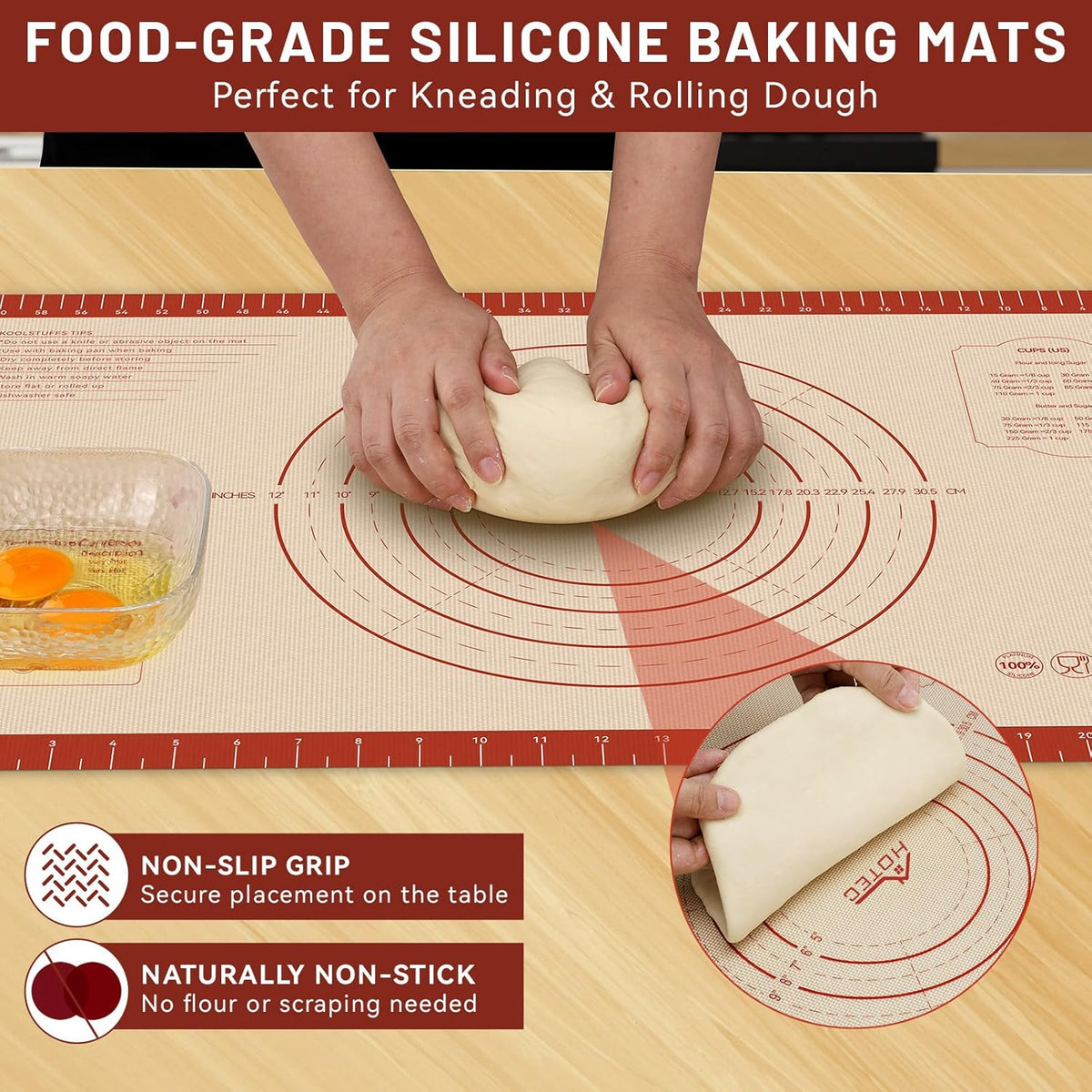 HOTEC Silicone Baking Mat - 26x16 Thickened Pastry Dough Mat with Measurement Non-Stick For Dough Rolling, Bread, Oven Liner, Kitchen Counter, Fondant/Pie Crust