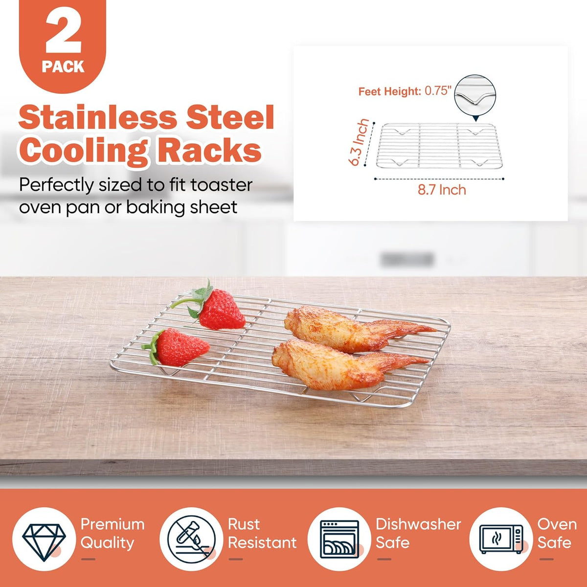2 Pack Cooling Rack for Baking, Homikit 8.7 * 6.3 Inch Small Stainless Steel Metal Roasting Grilling Cooking Racks, Fits Small Toaster Oven, Dishwasher Safe, Heavy duty & Rust Resistant