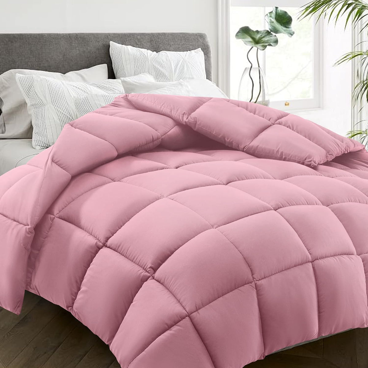 HYLEORY All Season California King Size Bed Comforter - Cooling Down Alternative Quilted Duvet Insert with Corner Tabs - Winter Warm - Machine Washable - Pink