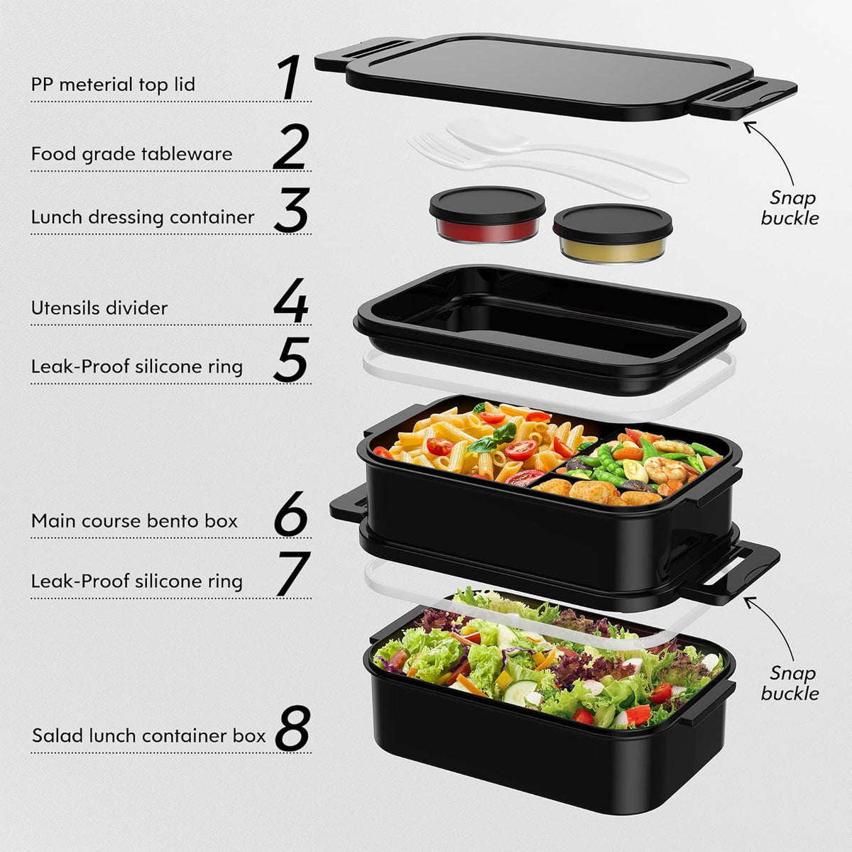 Jelife Adult Bento Box Lunch Box - Large Style Stackable Bento Lunch Box for Adults, 72oz All-in-One 3 Layers Bento Boxes Leak-Proof Lunchbox with Utensil Sauce Containers for Dining Out,Work, Black