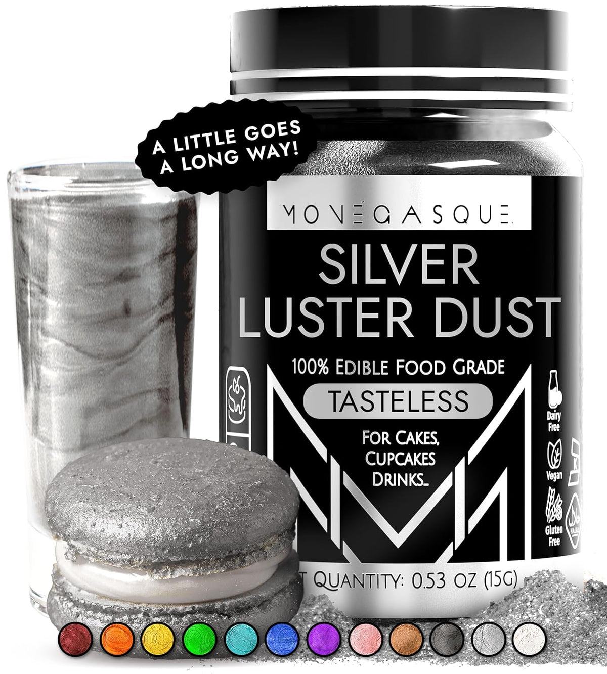 MONÉGASQUE Silver Edible Glitter for Drinks 15g – Edible Glitter for Cakes & Cocktails - Halloween Drink Decorations Shimmer - Silver Luster Dust for Cocktail, Cake Decorating, Food Decorations Spray