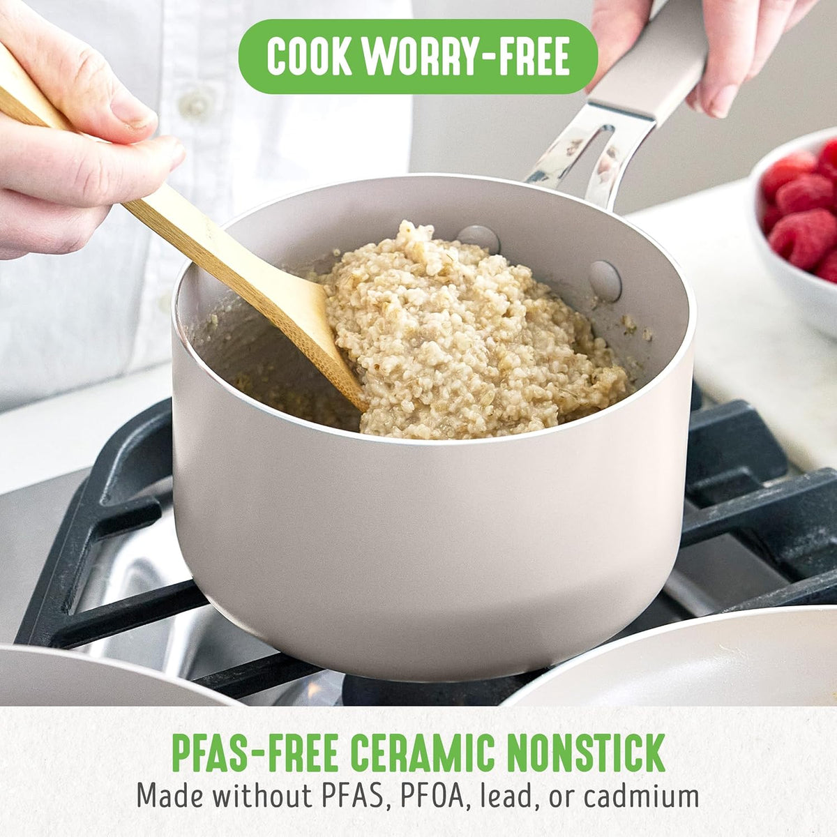 GreenLife 2 Quart Nonstick Saucepan with Lid, Lightweight Healthy PFAS-Free Milk Pan, Dishwasher & Oven Safe Soup Pan, Durable Body, Silicone Stay-Cool Handle, Easy Release Chef’s Pan, Taupe