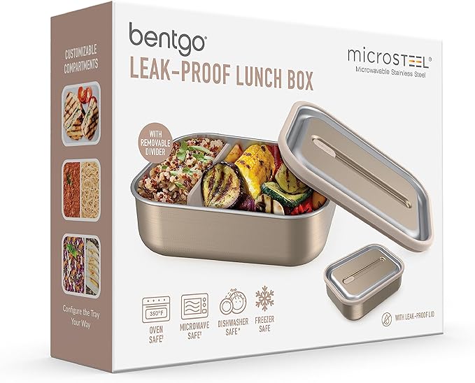 Bentgo MicroSteel Leak-Proof Lunch Box - Microwave-Safe, Oven-Safe, Bento-Style Container with Removable Divider, Airtight Lid, Sustainable Design, Odor & Stain Resistant (Gold)