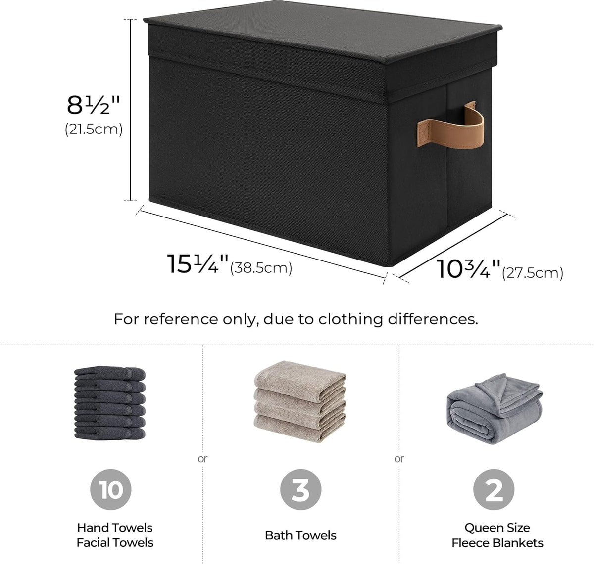 StorageWorks Large Storage Bins with Lids, Decorative Storage Boxes with Lid and PU Handles, Foldable Storage Baskets for Closet, Shelves, Stackable, Black, 3-Pack