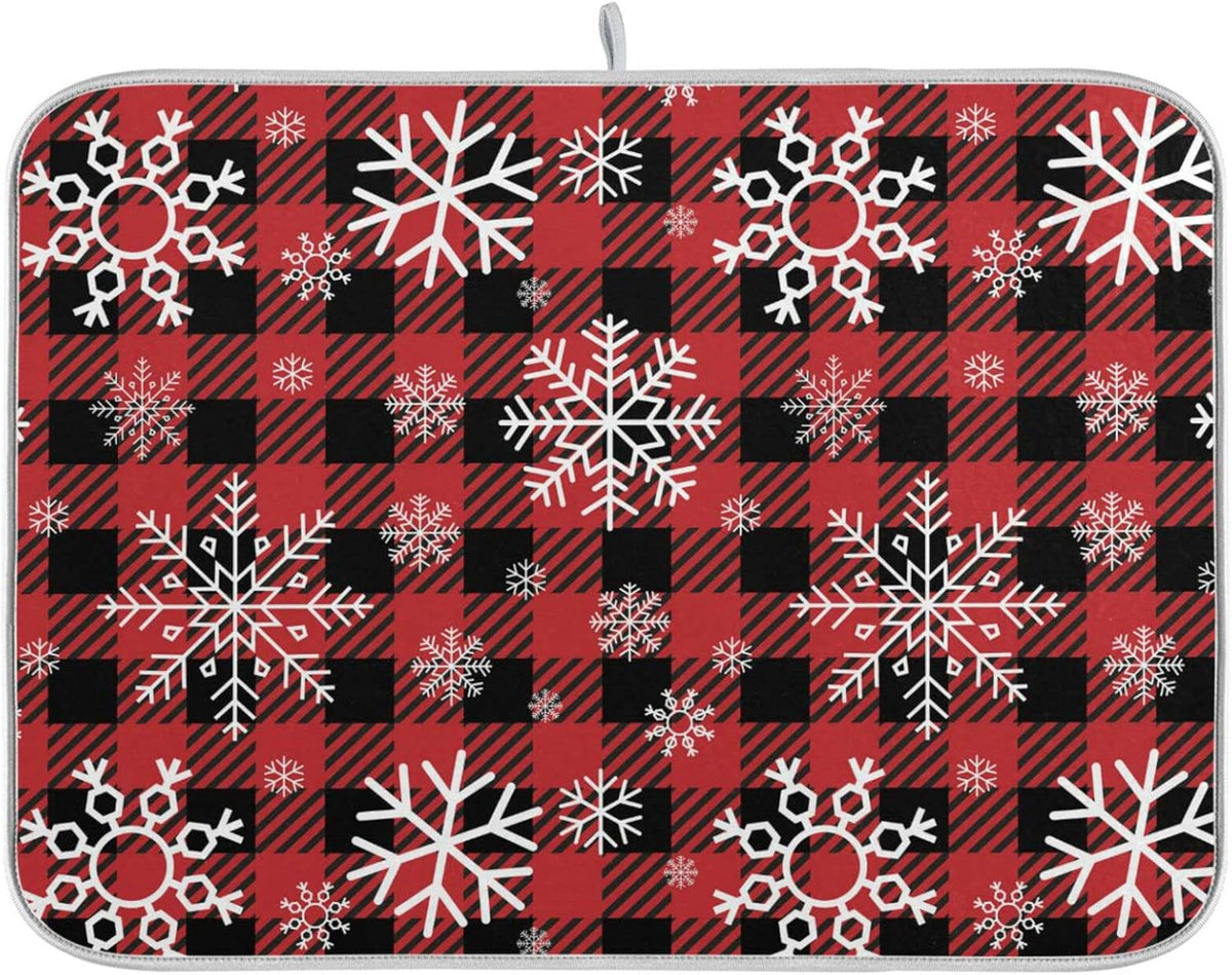 Snowflake Buffalo Plaid Dish Drying Mat for Kitchen Counter Christmas Absorbent Microfiber Drying Pad, Lager 18x24 in, Reversible Drainer Mats