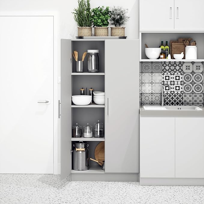 Prepac Elite Tall Garage Storage Cabinet & Pantry Storage Cupboard, 2-Door Freestanding Bathroom or Pantry Cabinet with Adjustable Shelves, 16" D x 32" W x 65" H, Light Gray
