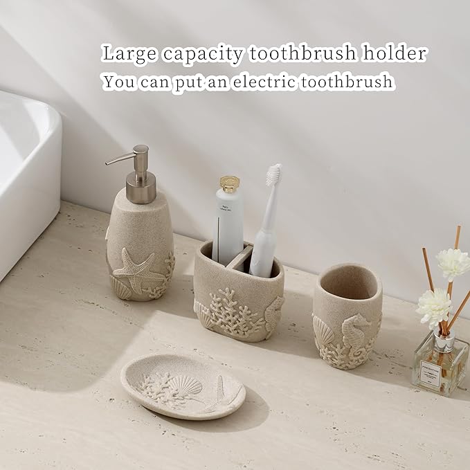 Bathroom Accessories Set, 4 PCS Bathroom Accessory Sets with Soap Dispenser, Toothbrush Holder, Tumbler, Soap Dish, Bathroom Countertop Organizer, Sea Bathroom Decor (Beige)