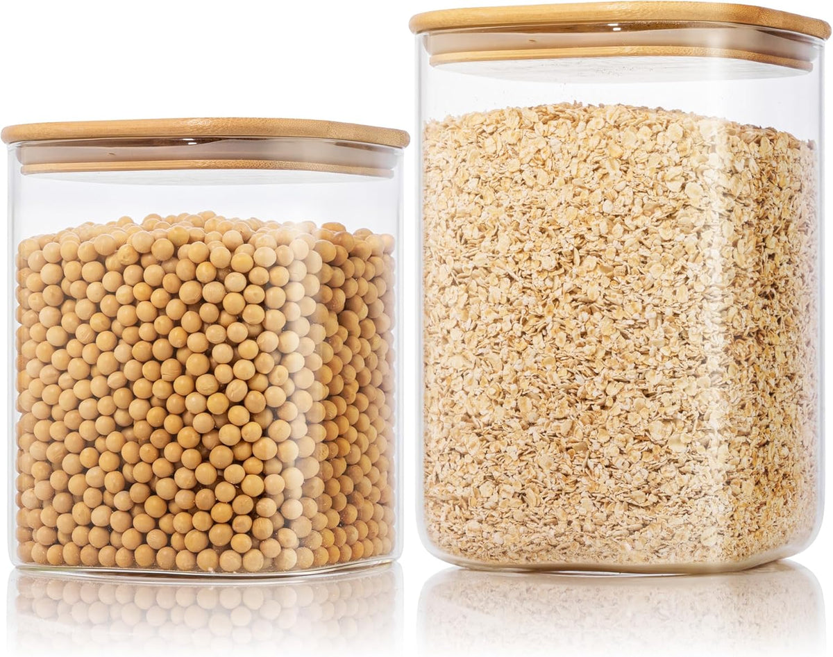 Extra Large Square Glass Flour & Sugar Storage Containers with Airtight Lids, 132 floz & 63 floz - 2 Pack Glass Jars with Bamboo Lids, Air tight Food Storage Containers for Cereal, Pasta, Rice