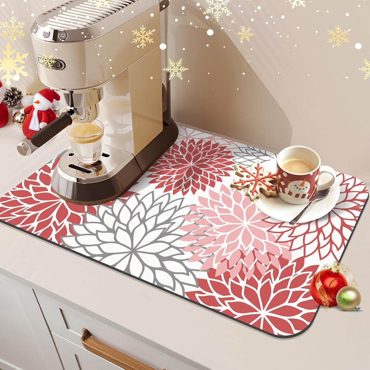 Findosom 2PCS 12" x 20" Dish Drying Mat & 24" x 5.5" Sink Splash Guard, Super Absorbent & Cuttable Dish Mat Drying Kitchen Mat with Red Floral, Hide Stain Drying Mat for Kitchen Counter