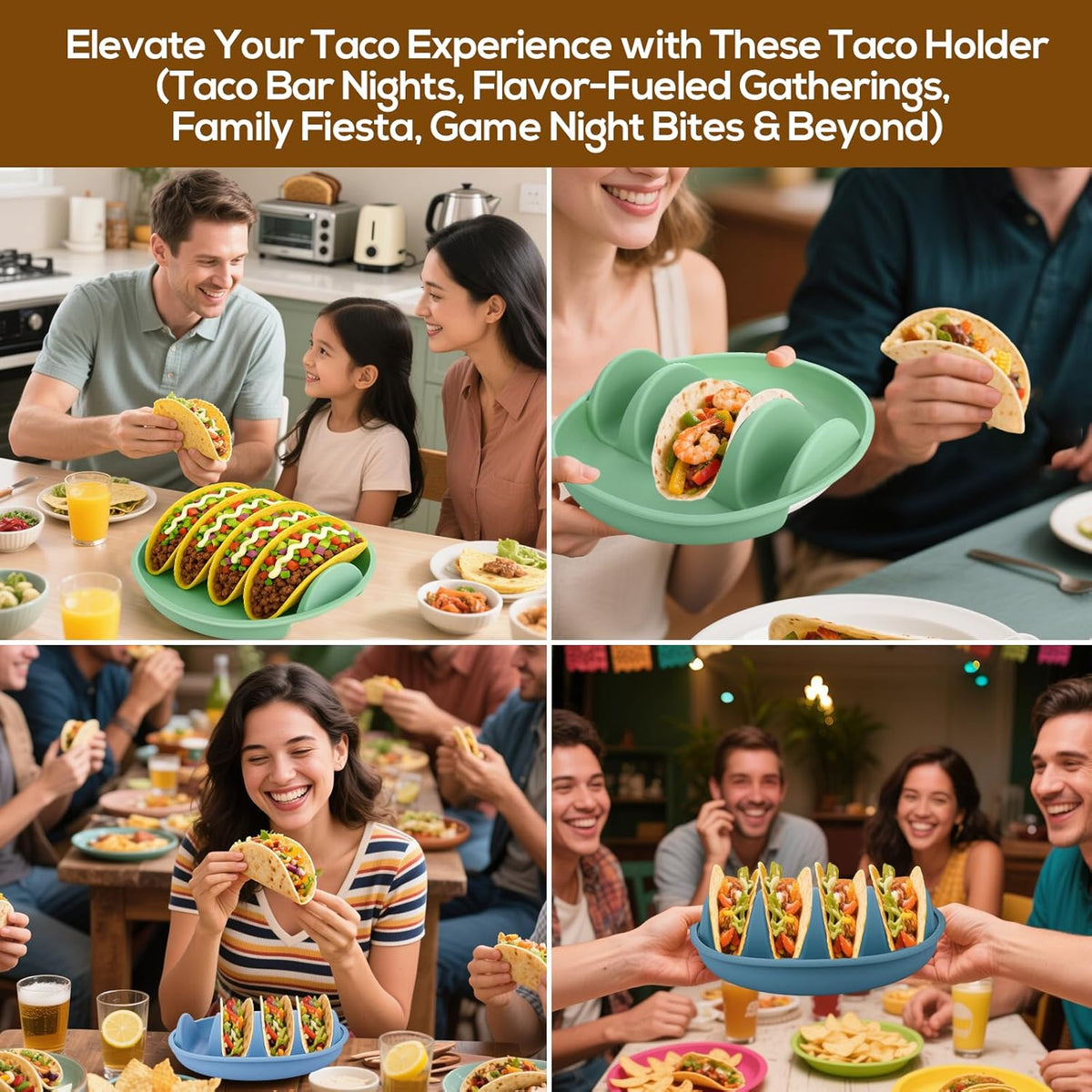 Silicone Taco Holder Plates Set of 3 - Reusable Taco Stand Plates with 4-Shell Slots, Oven/Microwave/Dishwasher Safe, Non-Slip Base for Tortillas Party Serving, Family Dinner & Meal Prep Accessories