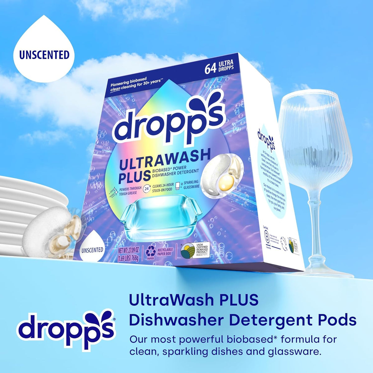 Dropps UltraWash Plus Dishwasher Detergent, Unscented (64 Pods) - Triple Action Biobased Power Deep Clean Dishwasher Detergent Tablets for Tough Stains - Dishwashing Pods for Shiny Dishes