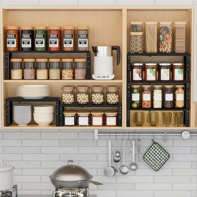 Expandable Spice Rack Organizer for Kitchen Cabinet, Seasoning,Bathroom Organizion Display Shelf, Stackable Multi-Purpose Shelves.Easy-to-Install（1Pack/Black,Large