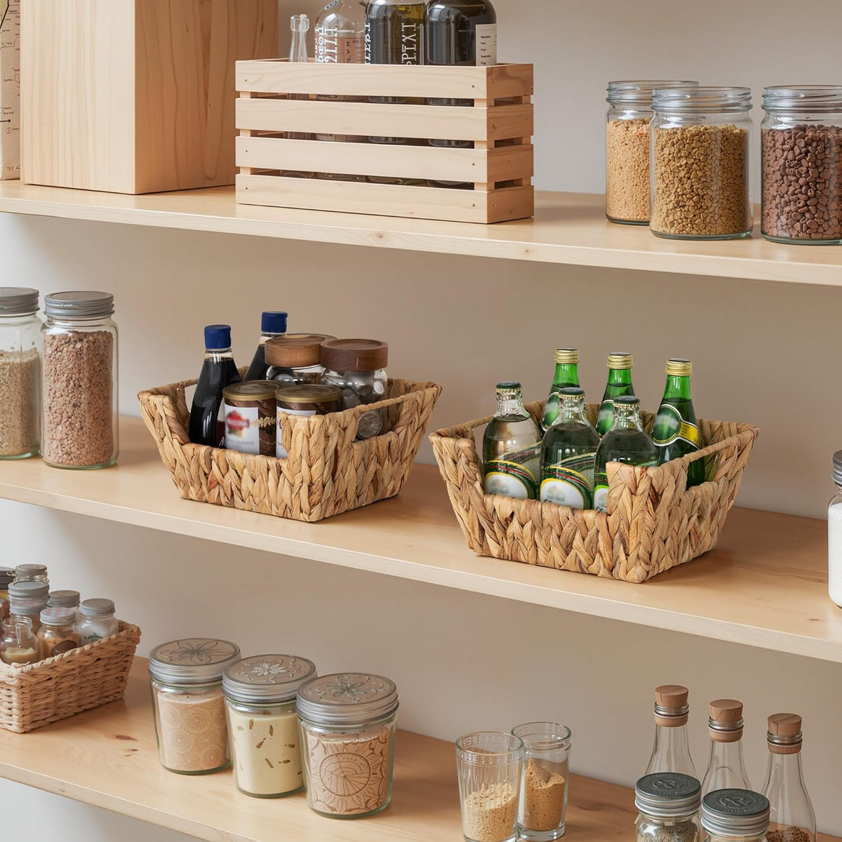StorageWorks Small Pantry Baskets for Patato and Onion Storage, Wicker Baskets for Organizing with Built-in Handles, Water Hyacinth Pantry Organizers and Storage for Kitchen Shelves, 2 Pack