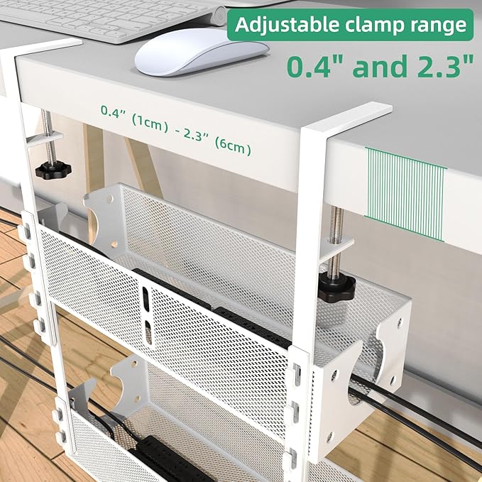 Multi-Model Under Desk Cable Management Tray 2 Packs Metal Under Desk Wire Management Clamp Mount Under Table Cord Management No Damage The Desk (White)