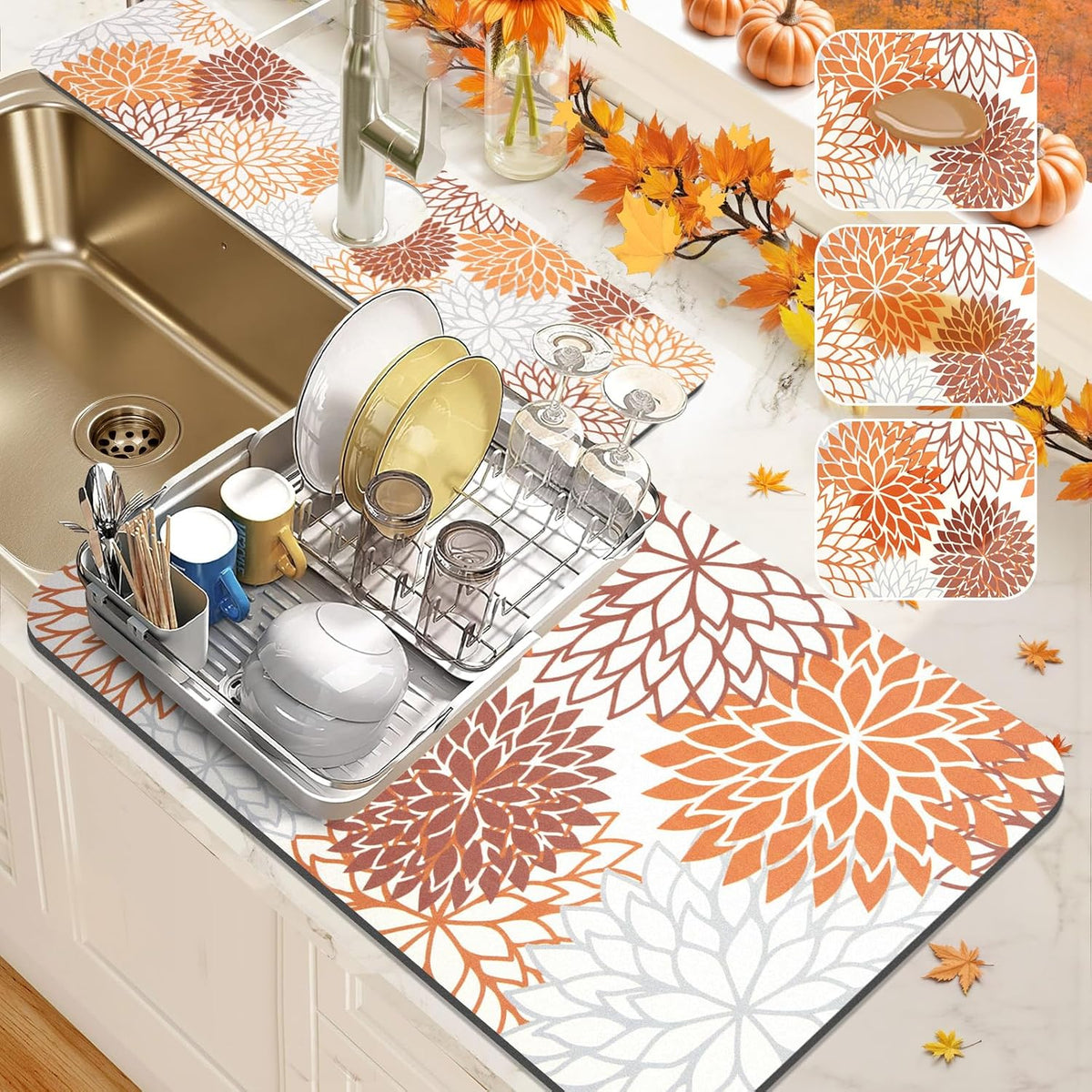Findosom 2PCS 12" x 20" Dish Drying Mat & 24" x 5.5" Sink Splash Guard, Super Absorbent & Cuttable Dish Mat Drying Kitchen Mat with Orange Floral, Hide Stain Drying Mat for Kitchen Counter