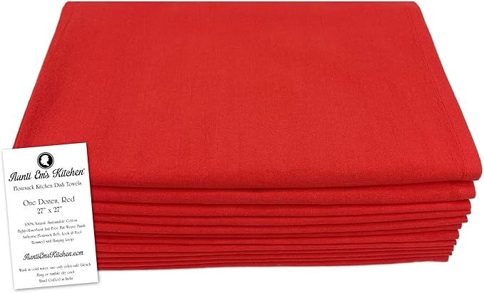 Aunti Em's Kitchen Flour Sack Dish Towels - Natural Cotton for Embroidery and Drying Glass, Hand, Dinnerware - Plain, Thick, Zero-Lint, Highly Absorbent - Set of 12, 27 x 27 Inch, Red