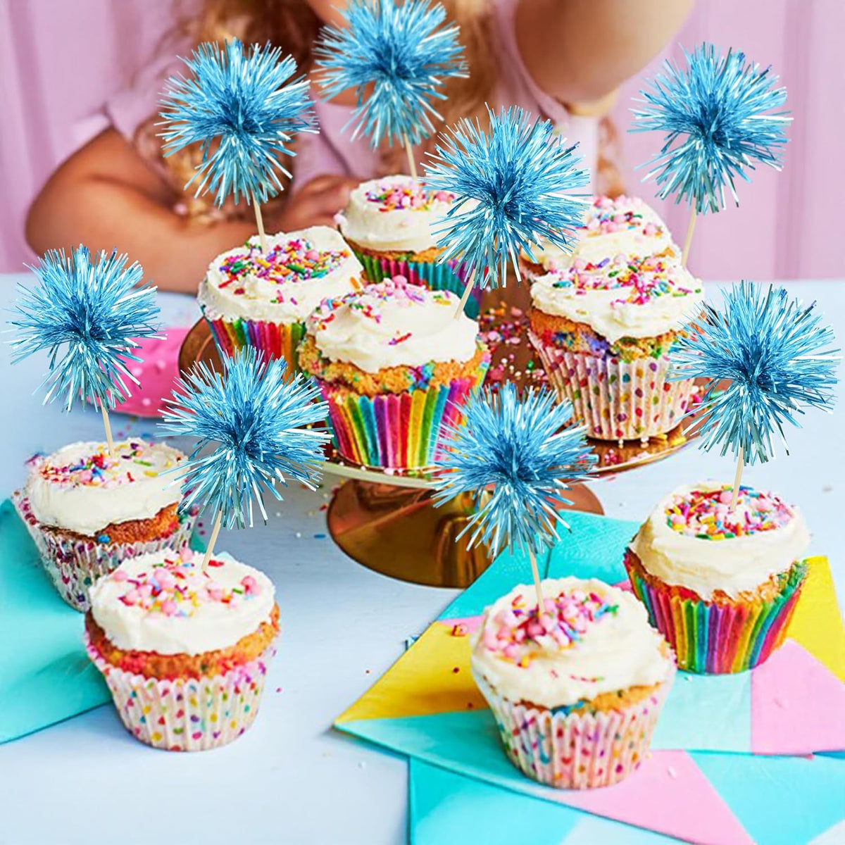 Ephlyn 30Pcs Foil Firework Cupcake Toppers Sparkle Tinsel Cupcake Picks Happy Birthday Cake Toppers Drink Stirrers Cocktail Food Toothpicks for Baby Shower Birthday Party Supplies Lake Blue