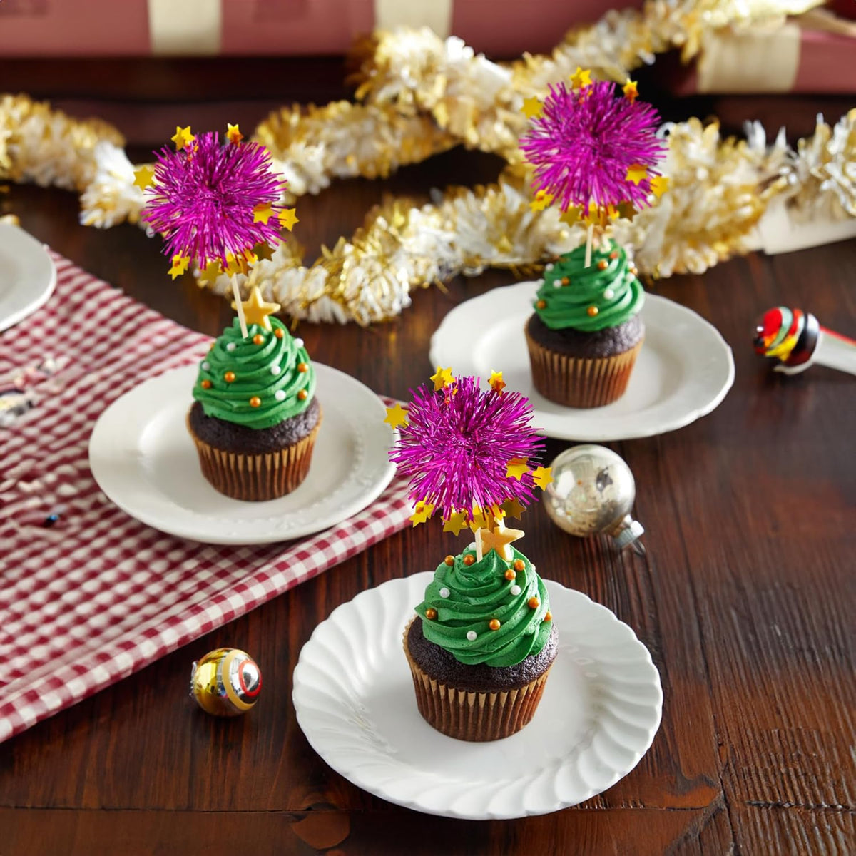 Ephlyn 30Pcs Foil Firework Cupcake Toppers Party Birthday Cake Toppers Supplies Sparkle Tinsel Cocktail Fruit Toothpick for Birthday Wedding Graduation Party Purple