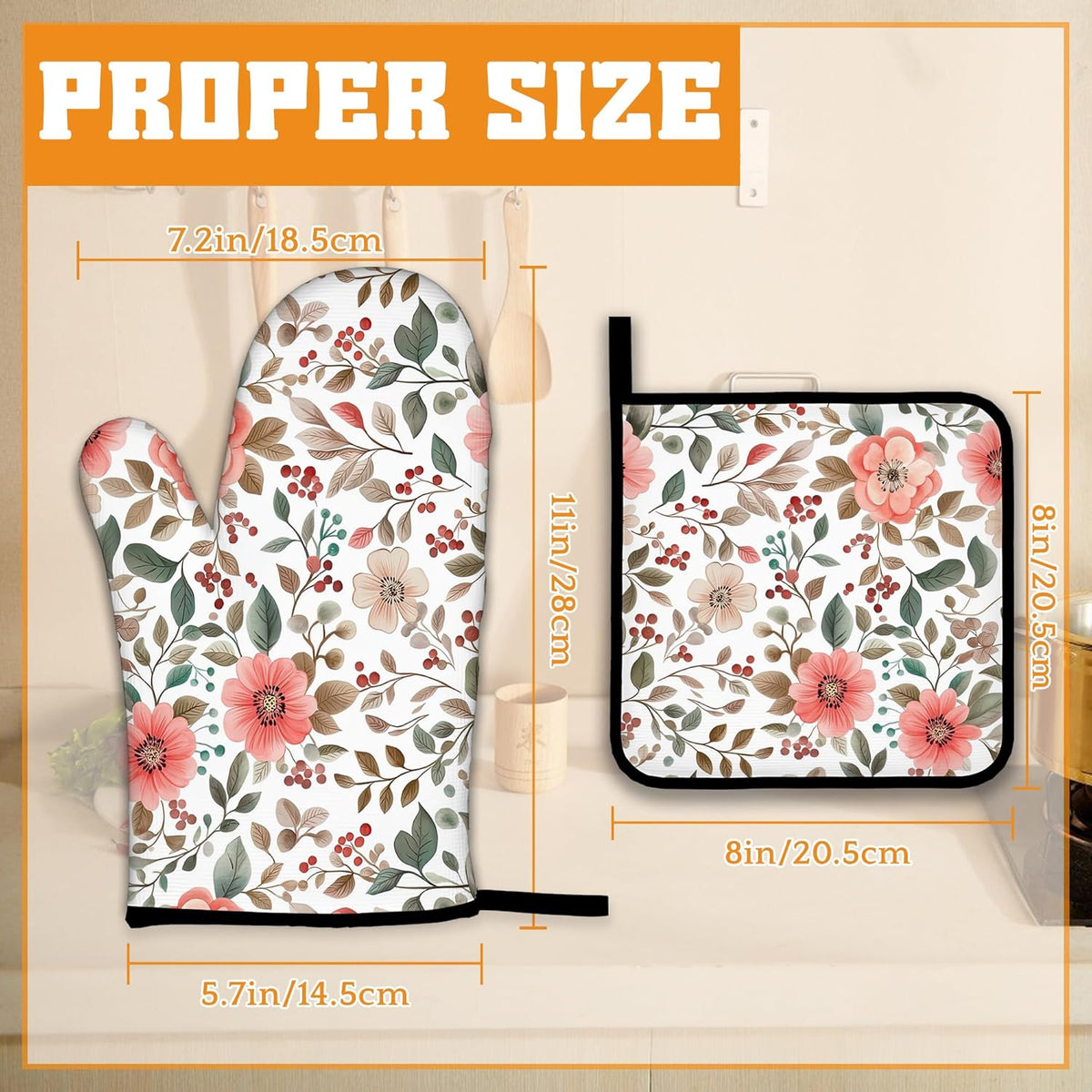 Pink Poppy Floral Oven Mitts and Pot Holders Set,Berry Kitchen Decor Heat Resistant Non Slip Hot Pads and Oven Mitt for Chef Cooking Baking BBQ Mom Girl Gifts(4 Piece Set)