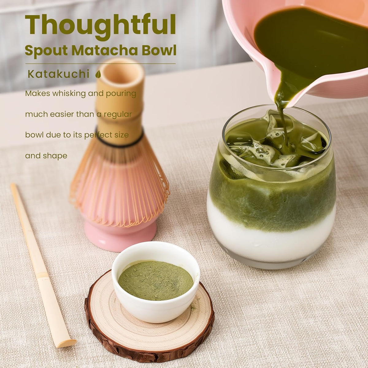 Matcha Whisk Set, Handcrafted Bamboo Chasen & Ceramic Bowl Matcha Kit, Complete 5 Pcs Matcha Set Whisk and Bowl W/Stainless Steel Sifter, Bamboo Scoop & Holder for Matcha Tea Ceremony (Sakura Pink)