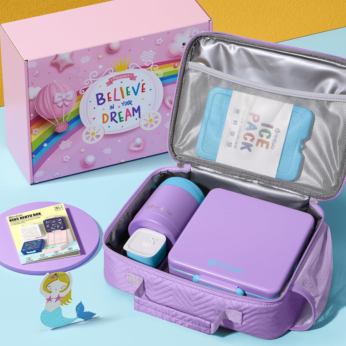 Fimibuke Kids Bento Snack Lunch Box with 4 Compartment, Insulated Bag, Stainless Steel Vacuum Thermos Food Jar, Ice Pack, Utensils Set, Birthday Gift for Age 3-12 Back to School Toddler Girl Boy Adult