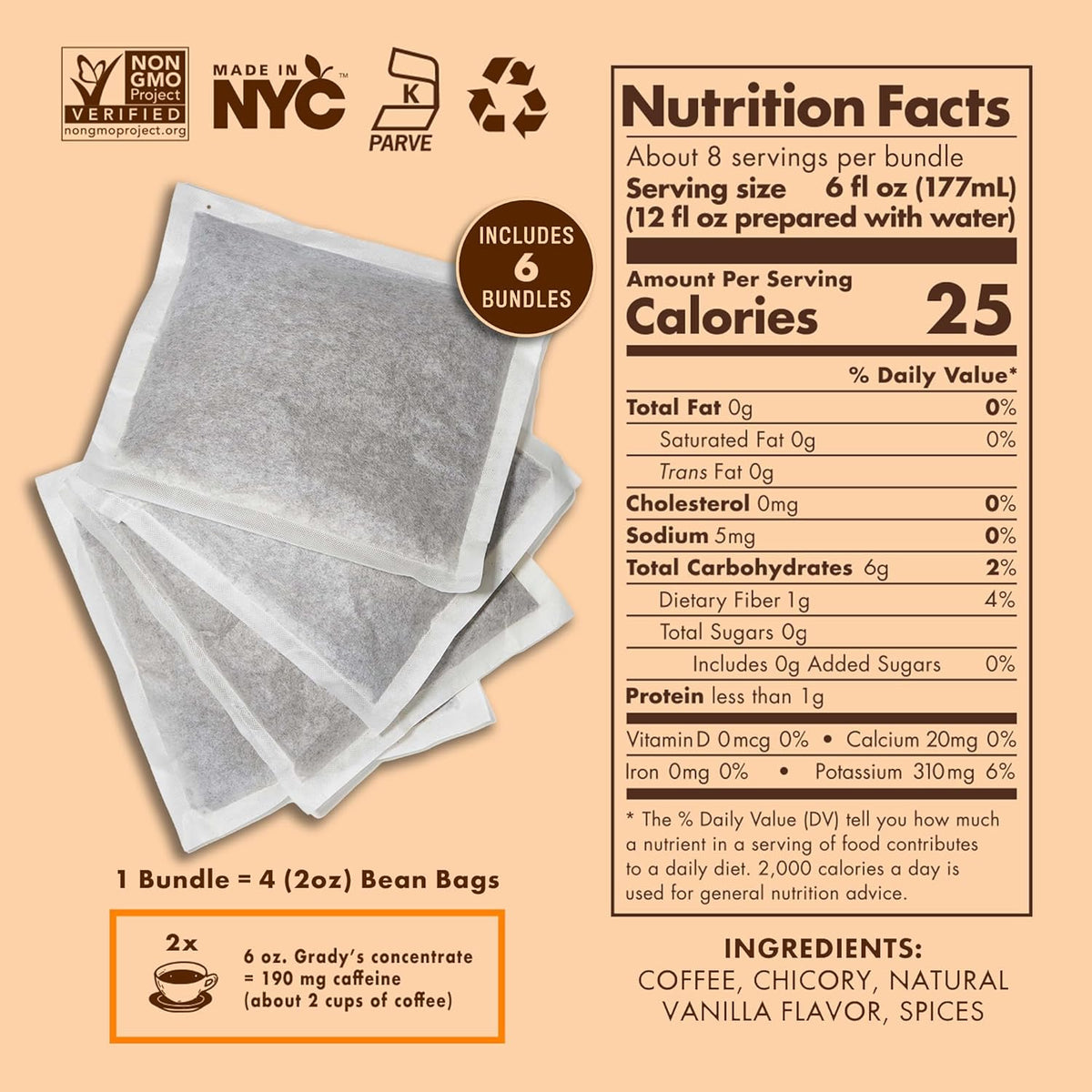 GRADY’S COLD BREW, French Vanilla, 100% Arabica Ground Coffee & Chicory Pouches | SIX Bundles of 4 Easy-to-Brew Bean Bags, Makes 72 drinks