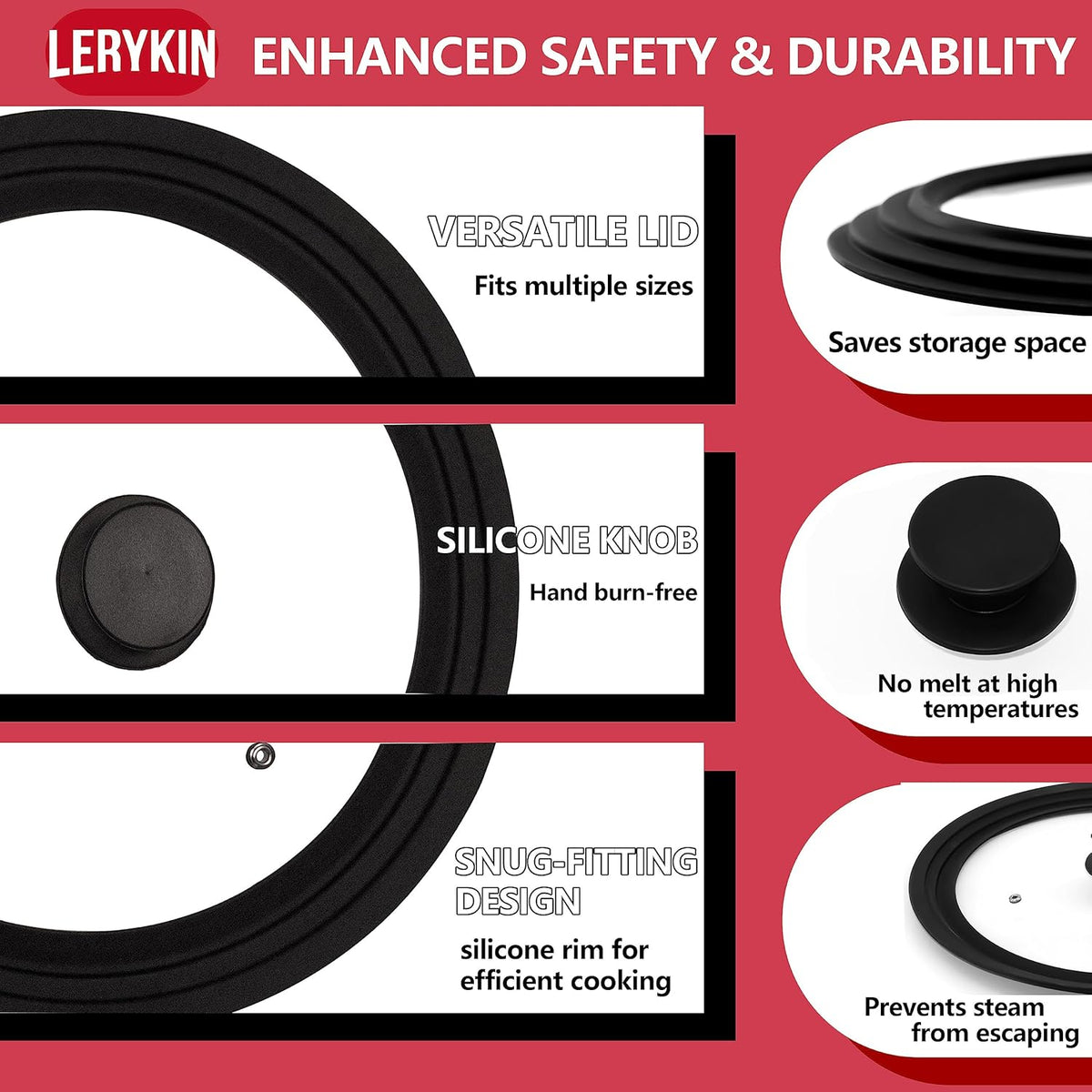 Tempered Glass Lid - Universal Lid with Heat Resistant Silicone Rim for Pots, Pans and Skillets - Pan Cover Replacement Lid Fits 6.5", 7" and 8" Diameter Cookware