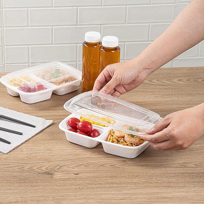 Restaurantware Asporto 26 Ounce Compartment Take Out Boxes, 50 Microwavable Meal Prep Containers - 3 Compartments, With Clear Plastic Lids, White Plastic Food Containers, Do Not Contain BPA