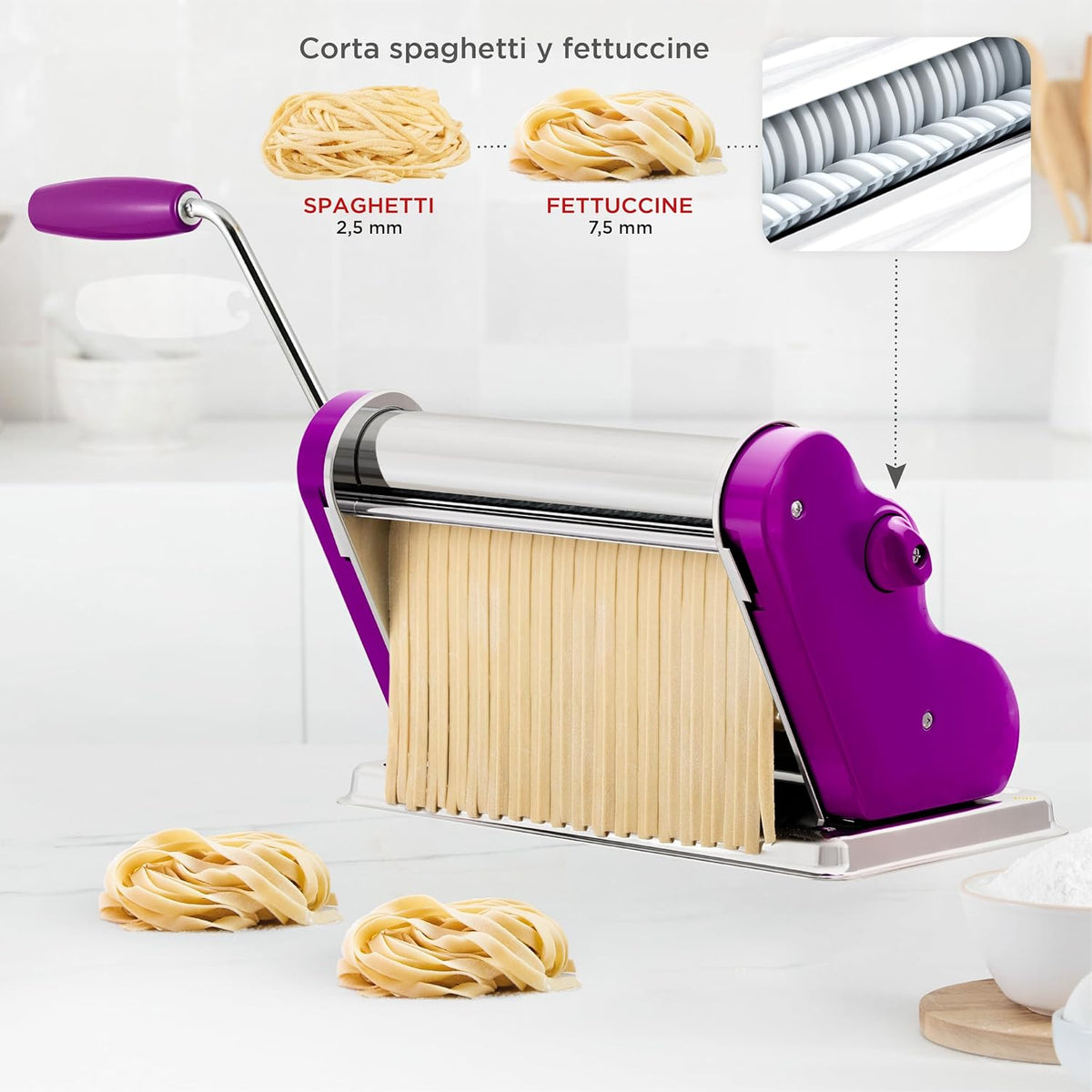 PASTALINDA Classic 260 Pasta Maker Machine, 26 cm Wide Rollers, 9 Thickness Positions, 2 Cutting Positions, Stainless Steel. Includes Reinforced Hand Crank And Two Clamps (Violet)