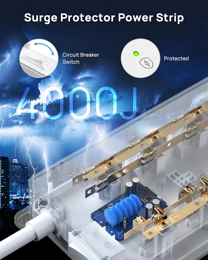 TROND 360° Rotating Plug Surge Protector Power Strip, 4000J, ETL Listed, 2 USB A and 2 USB C, 10 Widely Spaced Outlets, Flat Plug 5ft Extension Cord, Wall Mountable, for Home Office, White