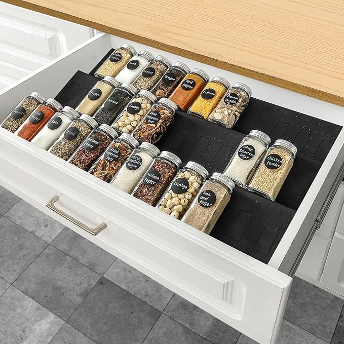 Famhap Spice Drawer Organizer, 6 Pack Drawer Seasoning Organizer Expandable from 11.6" to 23.2" Seasoning Rack Tray Insert for Kitchen Drawers, Spice Rack Tray for Drawer/Countertop (Black)