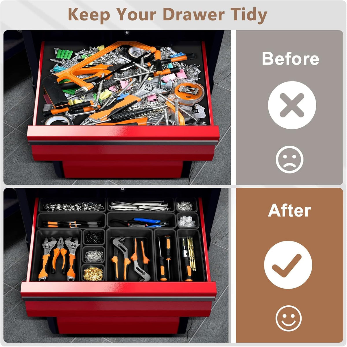 A-LUGEI【𝟱𝟴𝗣𝗰𝘀】【5 Size】 Tool Box Organizer Tray Divider Set, 【Black】 Desk Drawer Organizer, Garage Organization and Storage Toolbox Accessories Rolling Tool Chest Cart Cabinet WorkBench Small Part