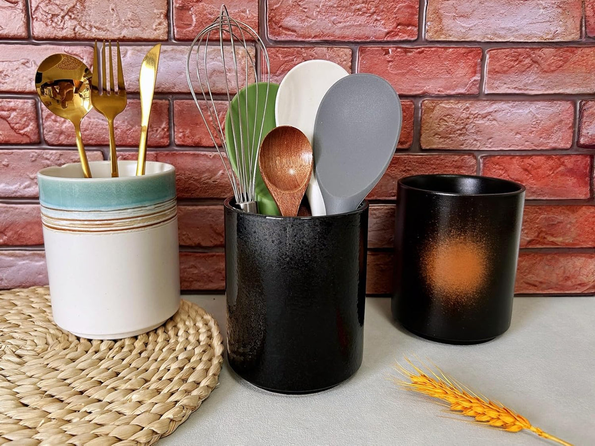 Medium Stoneware Kitchen Utensil Holder for Kitchen Counter Short Cooking Utensil Holder for Countertop Spatula Holder Small Utensil Crock Cutlery Holder Silverware Caddy Flower Vase (Retro Black)