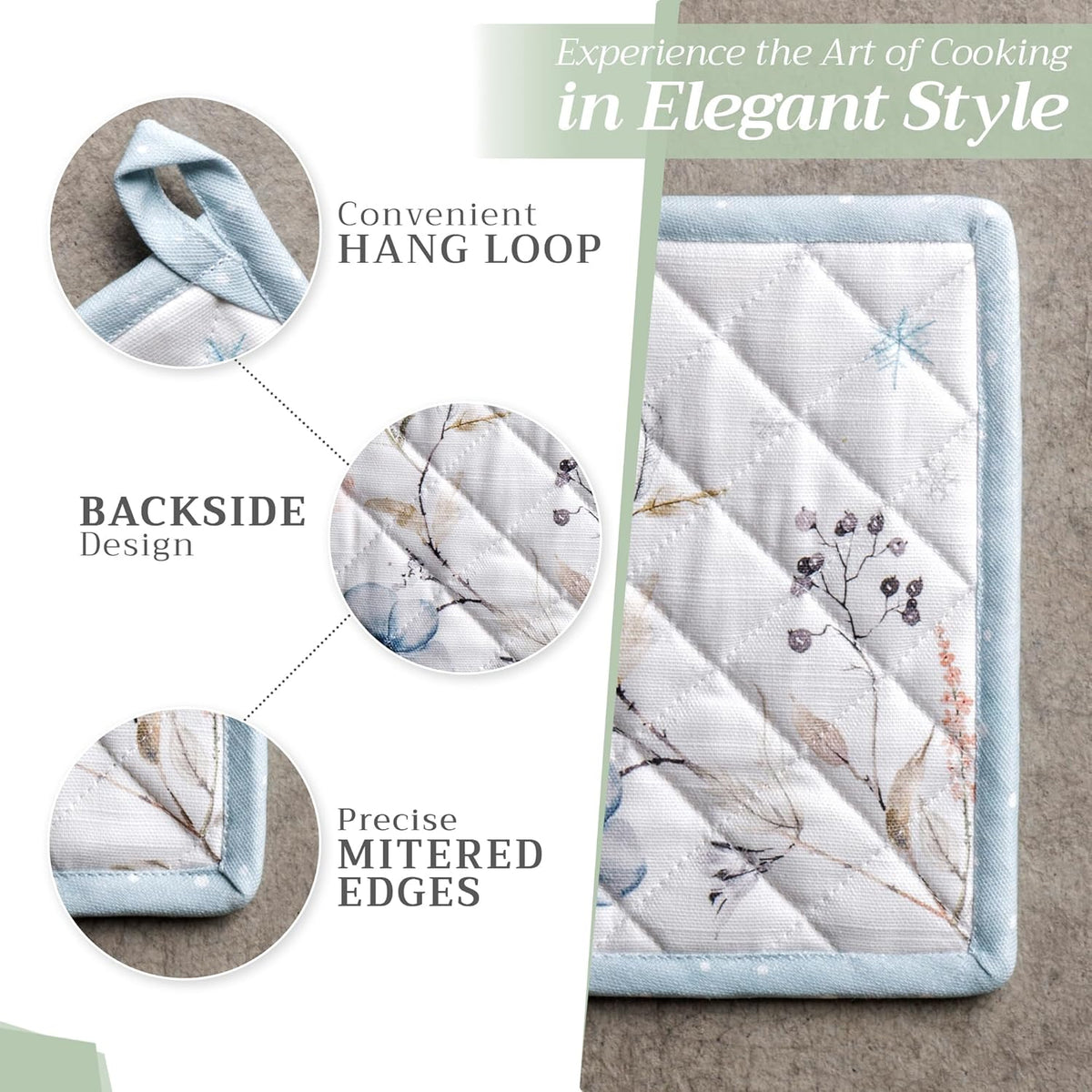 Maison d' Hermine Pot Holders Set 100% Cotton Heat Resistant Potholders 8" x 8" Hot Pads with Loop BBQ, Cooking, Baking, Grilling, Kitchen, Handling Hot Pans (Pack of 2, Ice Florals)